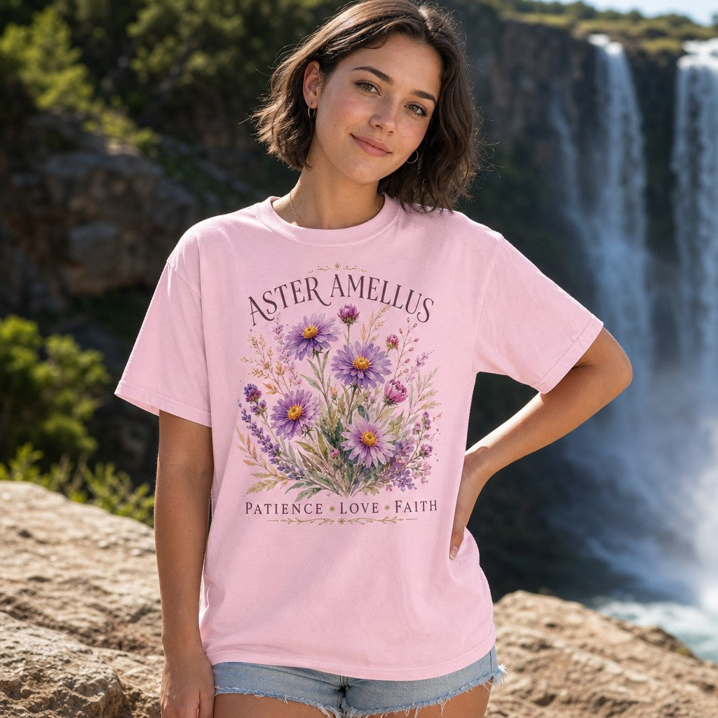 Woman wearing a Comfort Colors 1717 t-shirt in blossom pink featuring a hand-painted whimsical watercolor bouquet of purple Aster Amellus flowers and wild botanicals, standing by a scenic waterfall, perfect for garden lovers, nature enthusiasts, and mindful souls, by Crossroads Dandelion