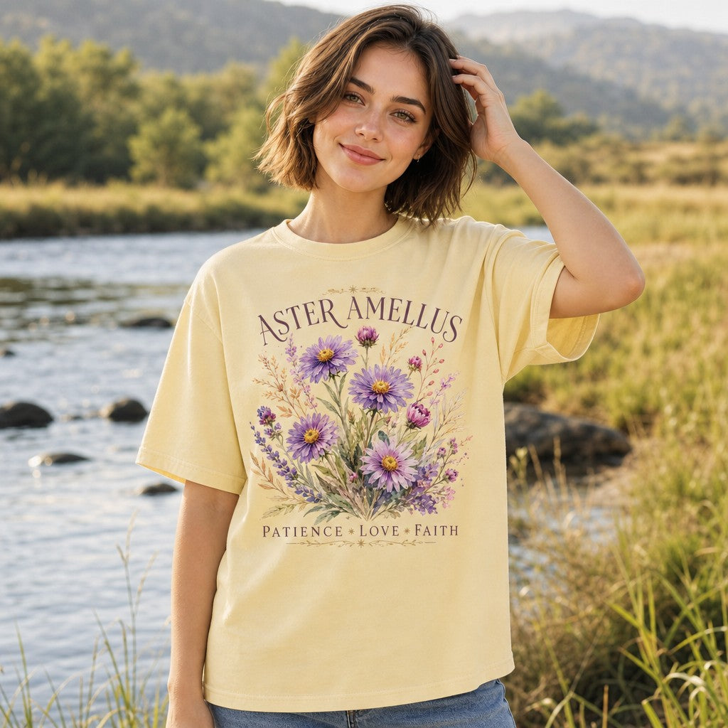 Woman wearing a butter yellow Comfort Colors 1717 tee with a whimsical watercolor design of purple Aster Amellus flowers and wild botanicals, riverside nature setting, ideal for mindful garden lovers and nature enthusiasts, by Crossroads Dandelion