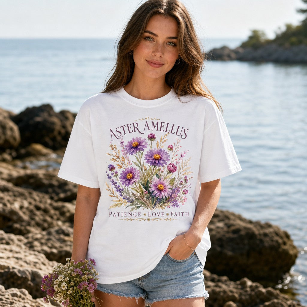 Woman by the seaside wearing a white Comfort Colors 1717 t-shirt featuring a whimsical watercolor Aster Amellus bouquet with purple flowers and foliage, botanical design for garden and nature lovers, calm and mindful style, by Crossroads Dandelion