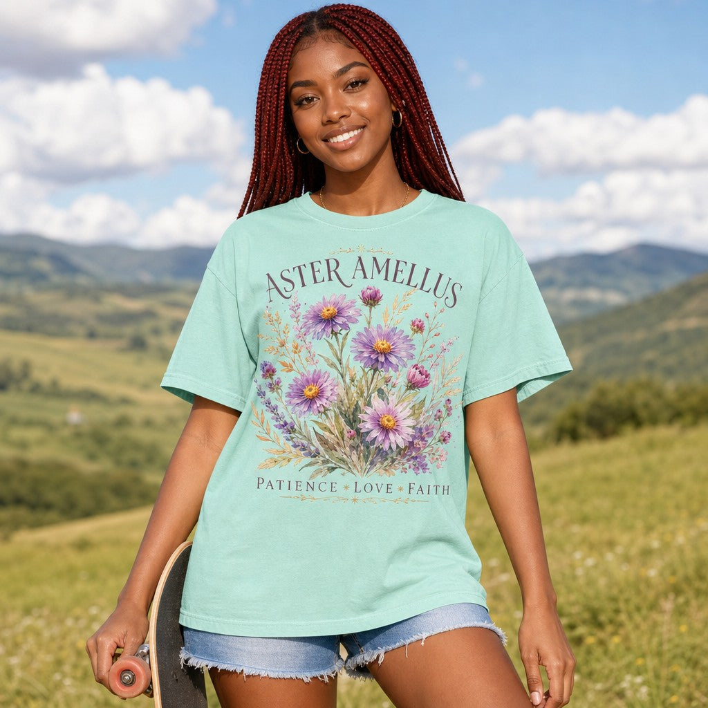 Woman wearing chalky mint Comfort Colors 1717 t-shirt featuring whimsical botanical art of hand-painted purple Aster Amellus flowers with delicate foliage, watercolor floral design, for garden lovers and nature enthusiasts enjoying the outdoors, by Crossroads Dandelion