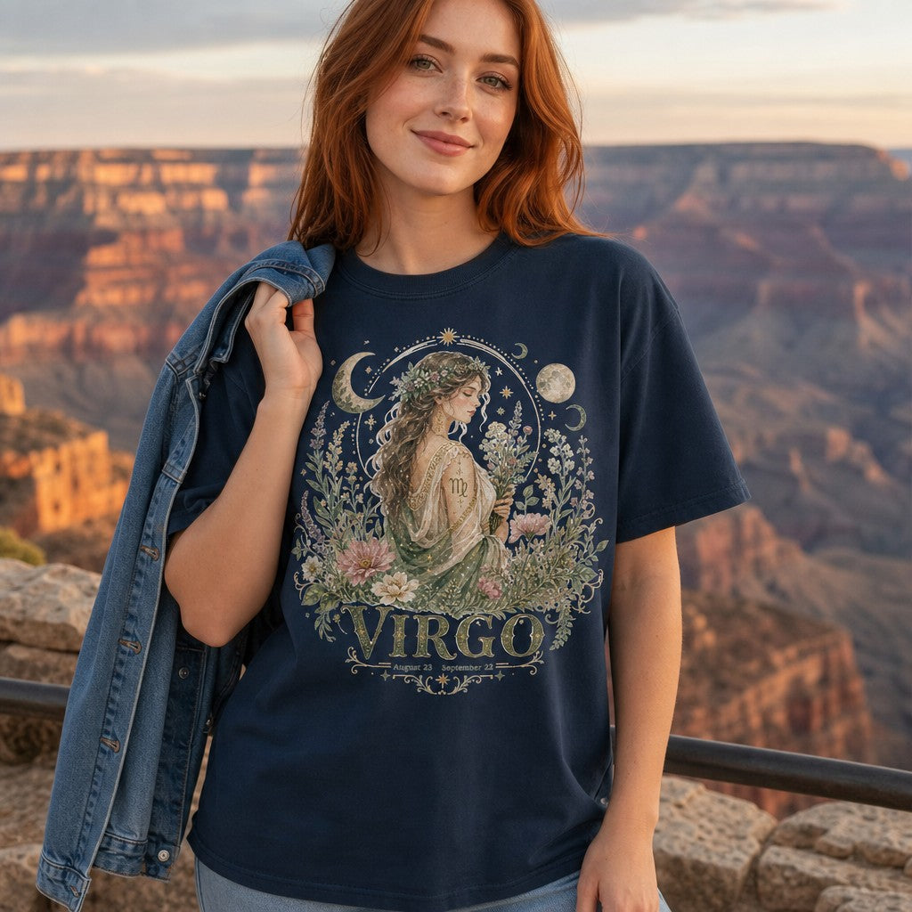 Woman wearing a navy Comfort Colors t-shirt with whimsical boho artwork of a serene Virgo goddess surrounded by wildflowers, moons, stars, and botanical accents, posed at the Grand Canyon, perfect for astrology and zodiac lovers, by Crossroads Dandelion