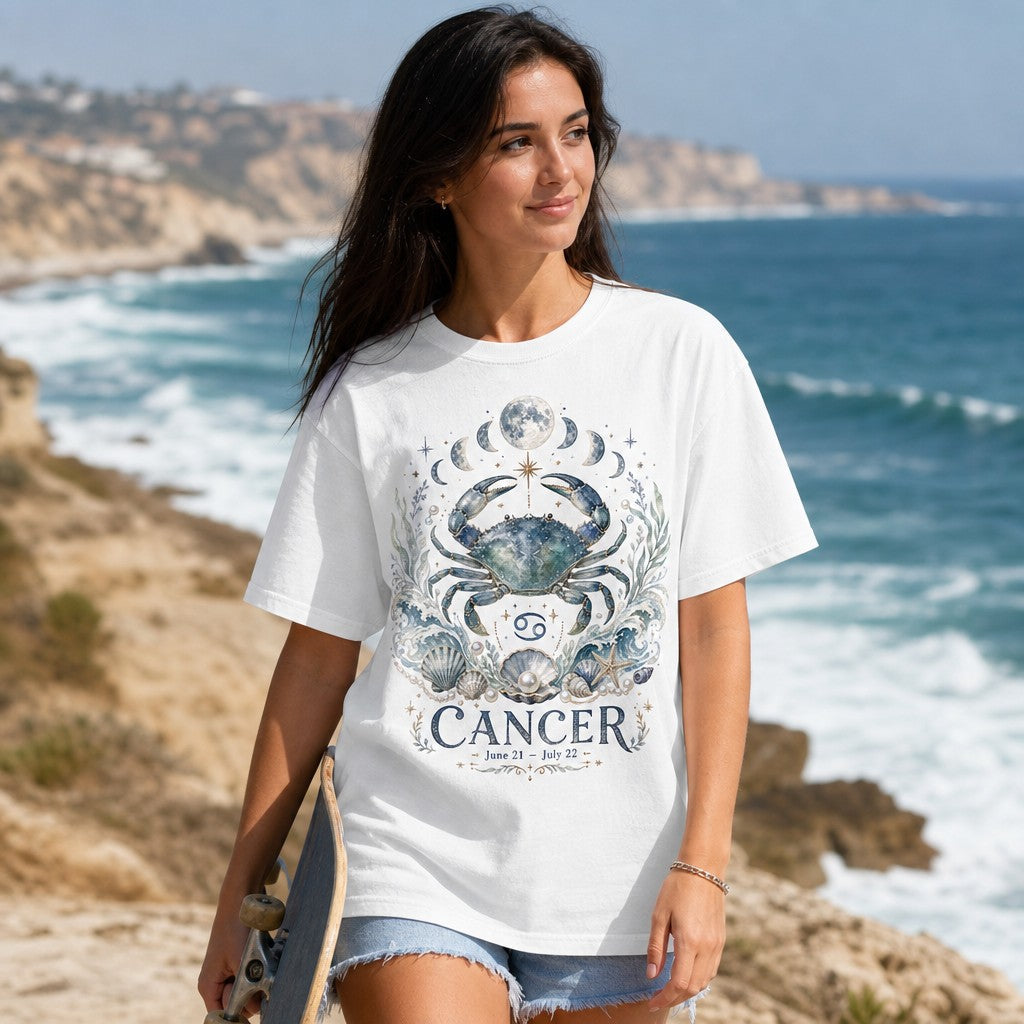 Woman wearing a white Comfort Colors 1717 t-shirt with whimsical hand-painted Cancer zodiac art, celestial crab, lunar phases, ocean waves, and seashells, on a coastal cliff, mystical astrology design for women and water sign lovers, by Crossroads Dandelion