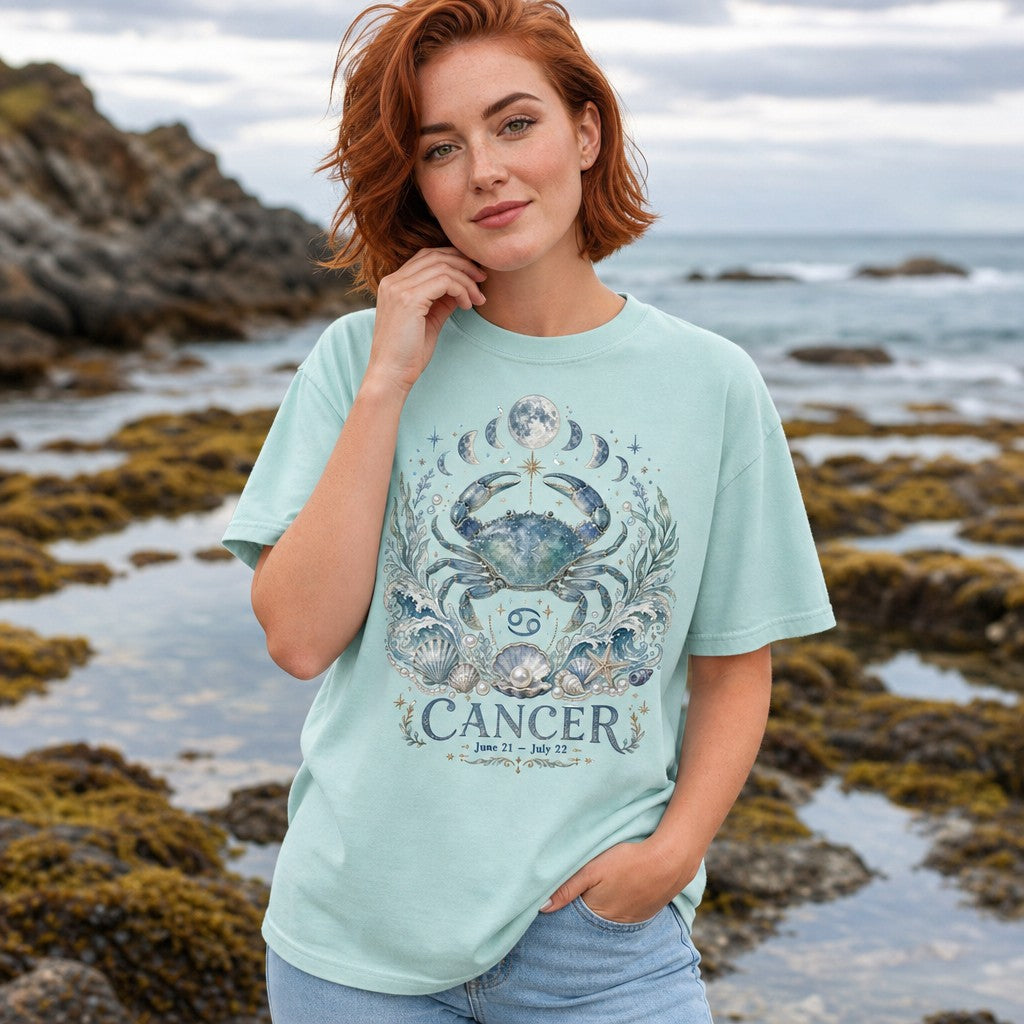 Woman wearing a chalky mint Comfort Colors t-shirt featuring a whimsical hand-painted Cancer zodiac design with a celestial crab, lunar phases, ocean waves, seashells, and pearls in dreamy watercolor tones, standing by a rocky seashore, perfect for astrology lovers and water sign souls, by Crossroads Dandelion