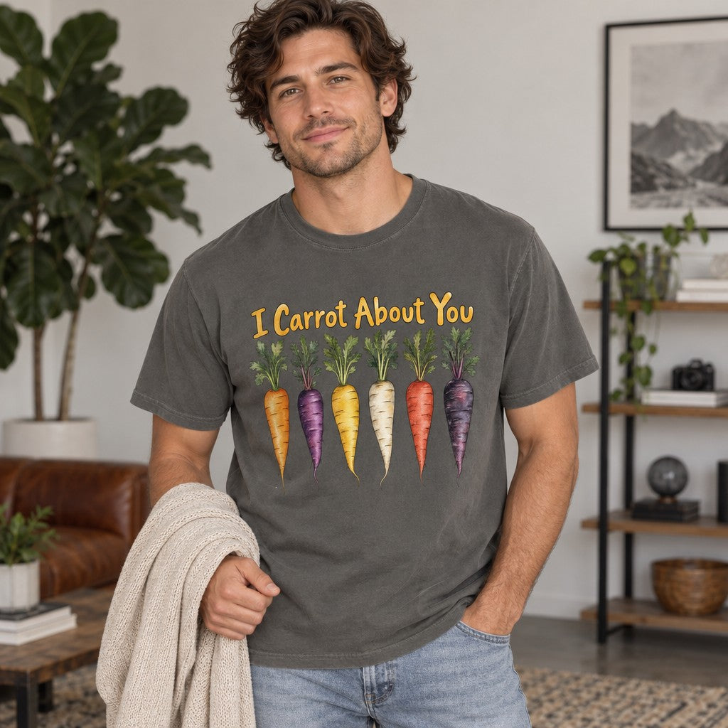 Man wearing Comfort Colors® 1717 pepper t-shirt featuring whimsical watercolor carrots and 'I Carrot About You' wordplay, playful garden harvest design, indoor modern living room setting, perfect for gardeners, veggie lovers, and pun enthusiasts, by Crossroads Dandelion