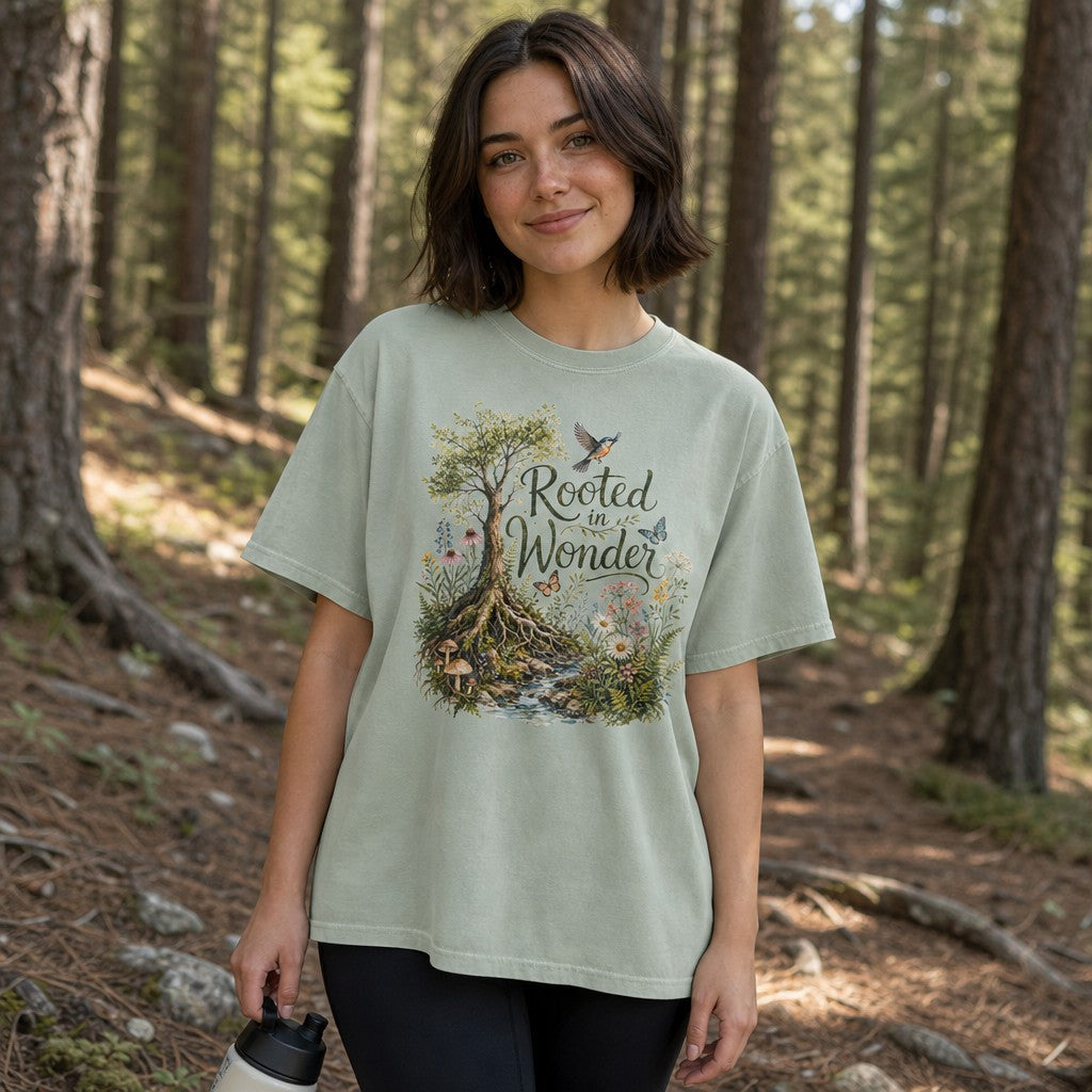 Woman in bay Comfort Colors 1717 t-shirt featuring a whimsical watercolor tree with wildflowers, mushrooms, butterflies, and birds, vintage botanical cottagecore design perfect for plant lovers, hiking in a pine forest, by Crossroads Dandelion