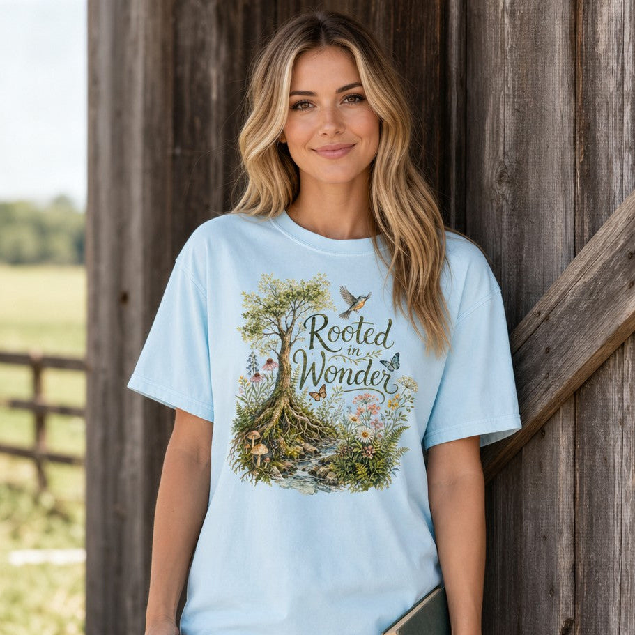 Woman wearing a chambray Comfort Colors 1717 t-shirt featuring a whimsical watercolor illustration of a flourishing tree with roots, wildflowers, mushrooms, butterflies, and birds, vintage cottagecore botanical design, standing by a rustic barn, perfect for nature lovers and plant enthusiasts, by Crossroads Dandelion
