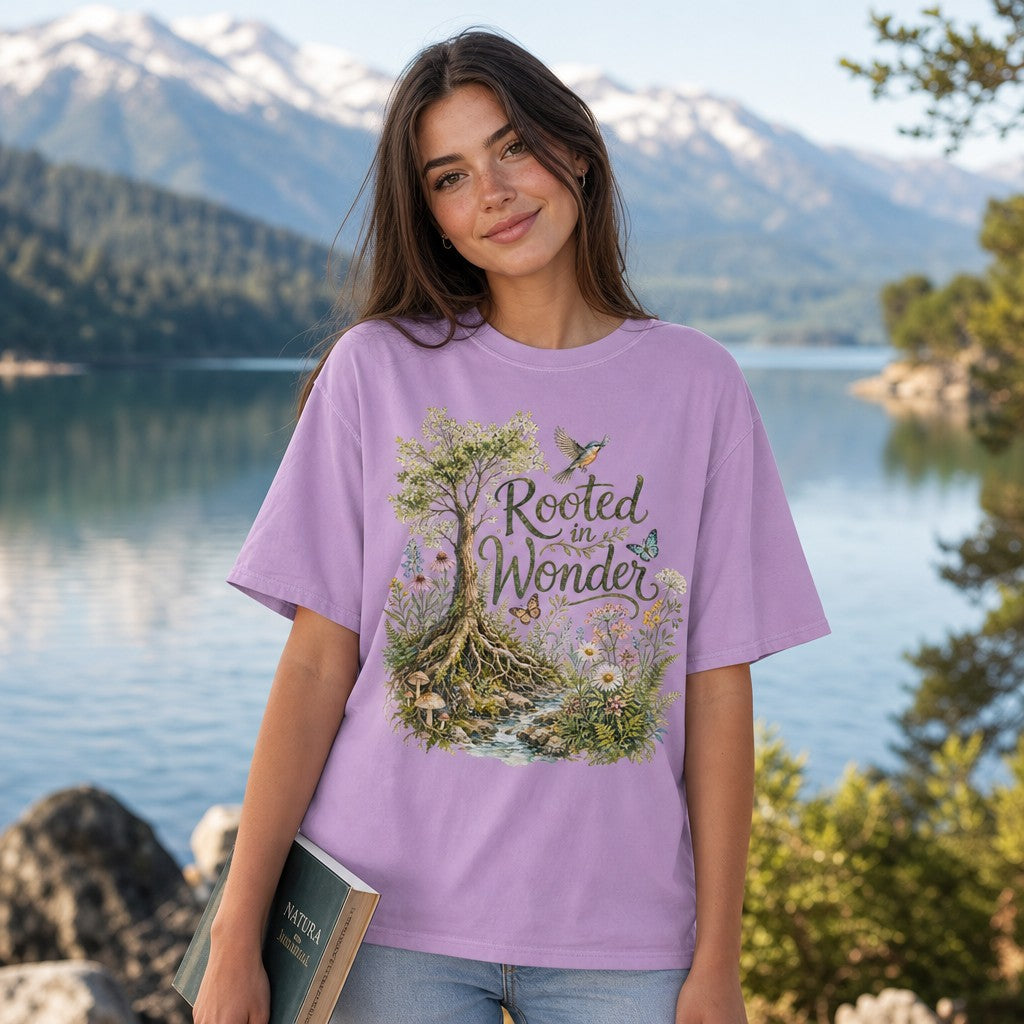 Woman wearing orchid Comfort Colors 1717 t-shirt with whimsical watercolor botanical design featuring a flourishing tree, wildflowers, mushrooms, birds, and butterflies; vintage cottagecore artwork, serene lake and mountain background, perfect for plant lovers and nature enthusiasts, by Crossroads Dandelion