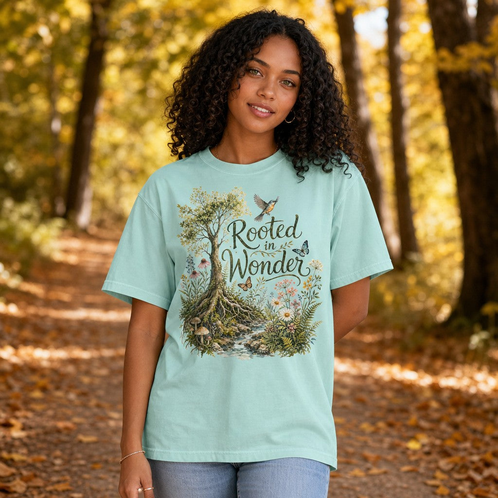 Woman wearing a chalky mint Comfort Colors 1717 t-shirt with a whimsical watercolor illustration of a flourishing tree, wildflowers, mushrooms, butterflies, and birds, rooted in wonder vintage botanical artwork, perfect for nature and cottagecore lovers, walking on an autumn forest path, by Crossroads Dandelion