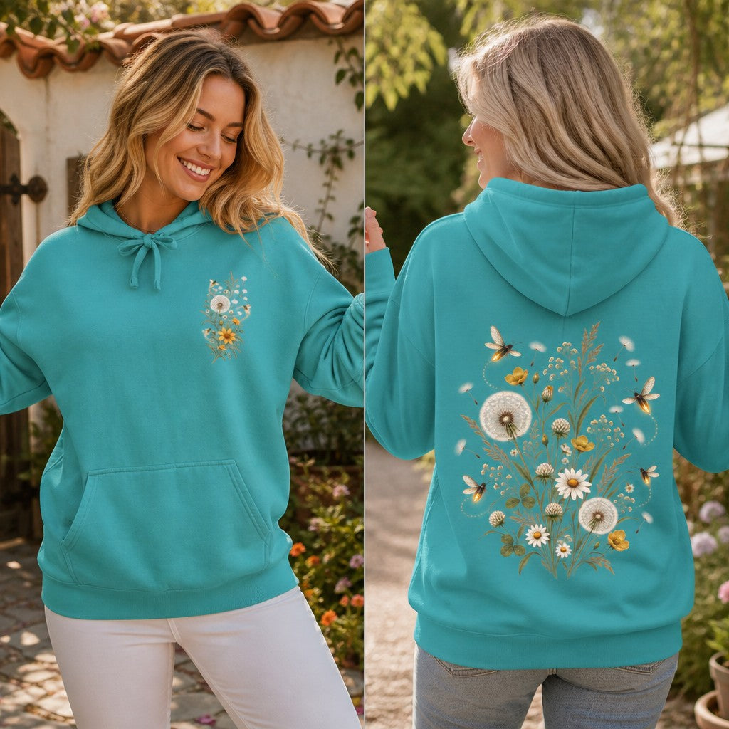 Woman in a seafoam sweatshirt with whimsical dandelion, daisy, and butterfly floral design, photographed in a garden, for women who love nature-inspired apparel, by Crossroads Dandelion