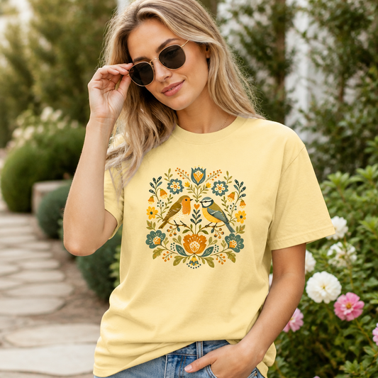 Woman wearing a butter Comfort Colors 1717 t-shirt featuring a whimsical folk art design of a robin and titmouse surrounded by vintage-inspired wildflowers in ochre, sage, and indigo, standing outdoors in a garden, ideal for woodland and nature lovers, by Crossroads Dandelion