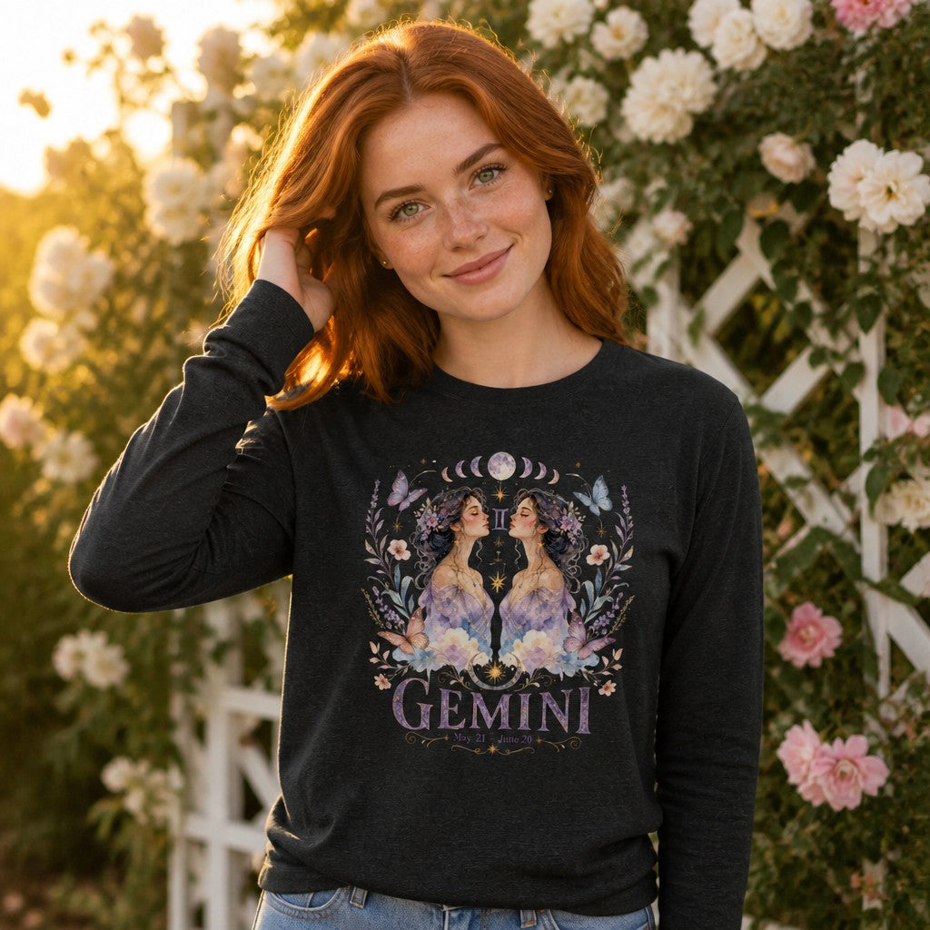 Red-haired woman wearing a dark grey heather Bella Canvas 3501 long sleeve shirt featuring a whimsical romantic watercolor Gemini design with twin ethereal women, moon phases, celestial butterflies, and blooming florals, soft dreamy garden setting, perfect for zodiac lovers and astrology enthusiasts, by Crossroads Dandelion