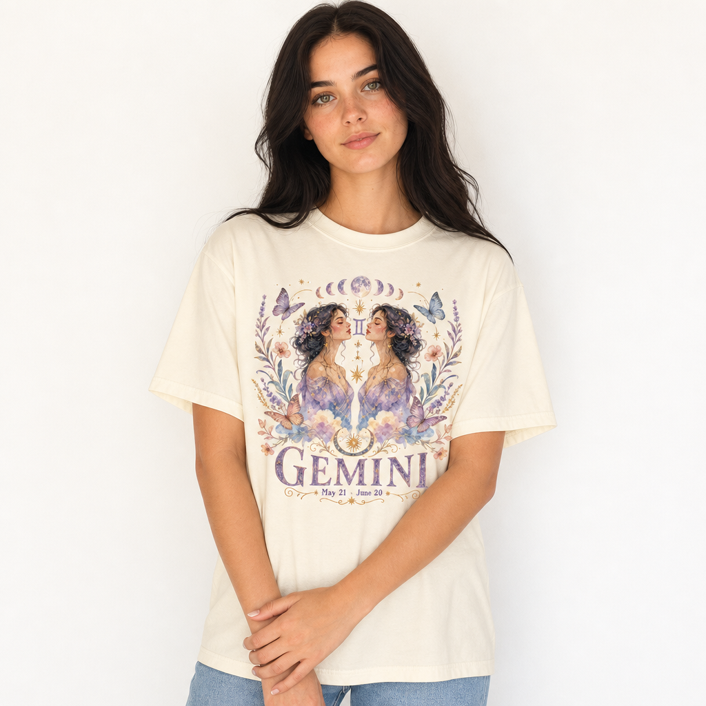 Woman wearing an Ivory Comfort Colors t-shirt with a Zodiac Gemini celestial design on a plain background, by Crossroads Dandelion