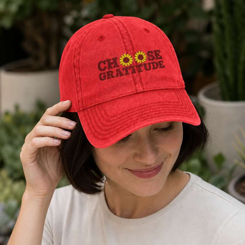 Woman wearing a red whimsical baseball cap with 'Choose Gratitude' and daisy floral embroidery, relaxing in a garden setting, perfect for women seeking positive mindful apparel, by Crossroads Dandelion