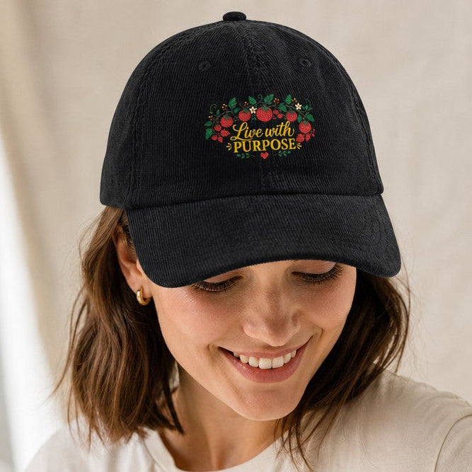 Woman wearing a black baseball cap with whimsical embroidered floral and motivational 'Live with Purpose' design, casual indoor setting, perfect for women seeking inspirational and stylish headwear, by Crossroads Dandelion