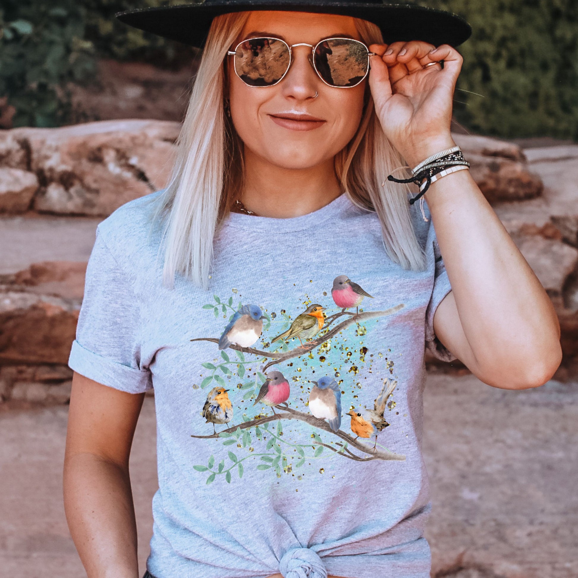 Athletic heather bird watcher t-shirt with artistic watercolor birds