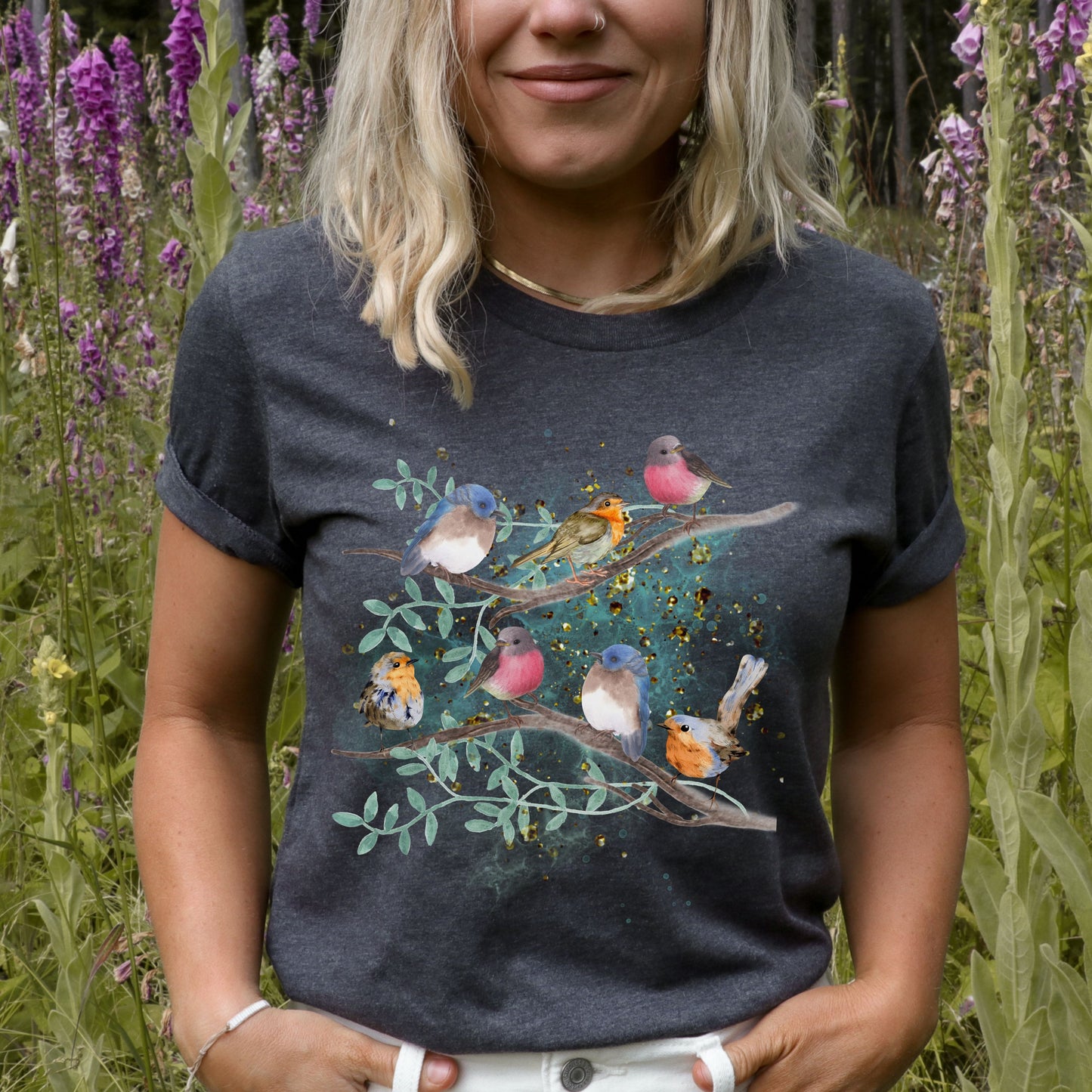 Dark grey heather bird graphic shirt for wildlife and nature lovers