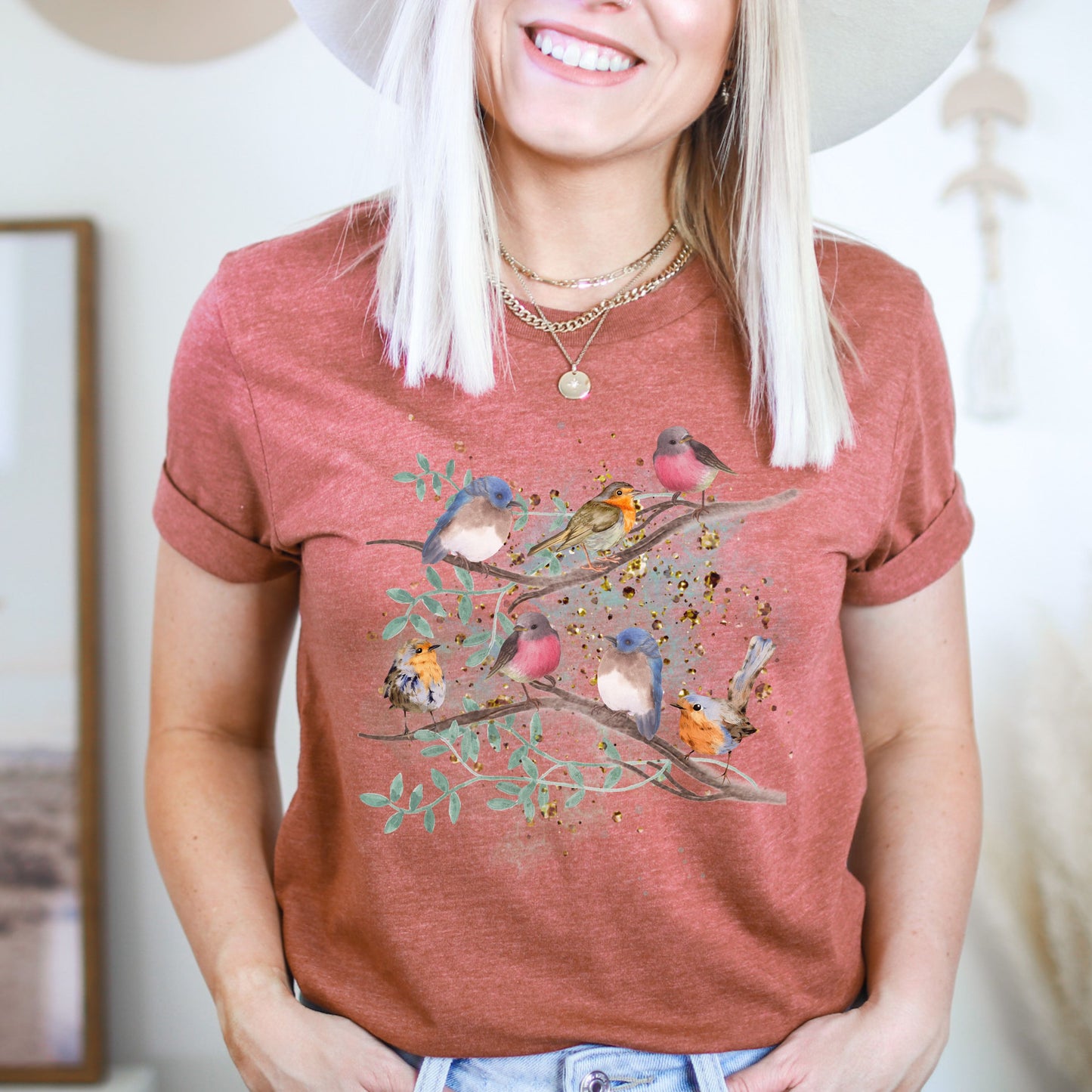 Heather clay nature lover tee featuring whimsical bird illustration
