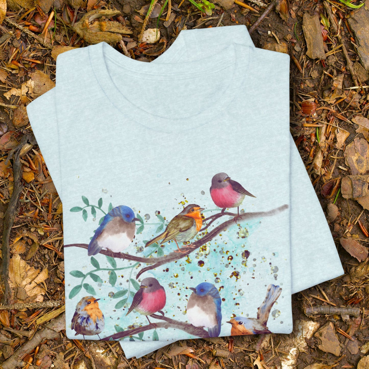Heather ice blue bird watching t-shirt with watercolor spring design