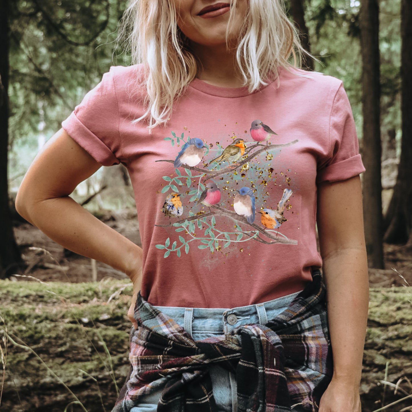 Heather mauve women's bird shirt with delicate watercolor artwork