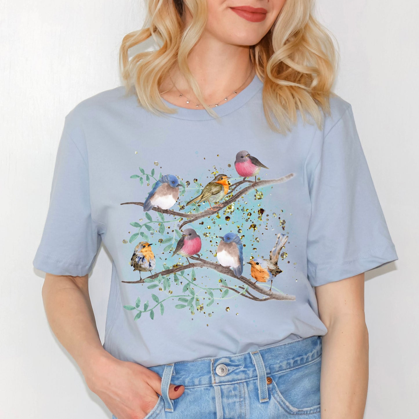 Light blue nature lover t-shirt with watercolor spring birds for women