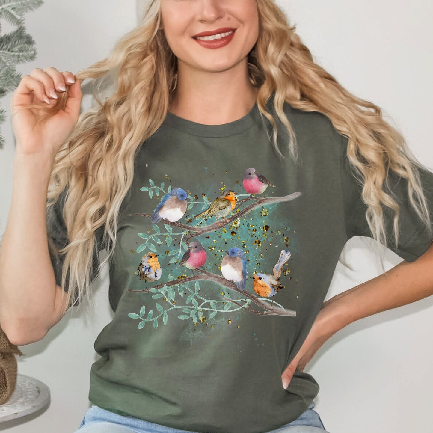 Military green nature lover tee featuring watercolor songbird design