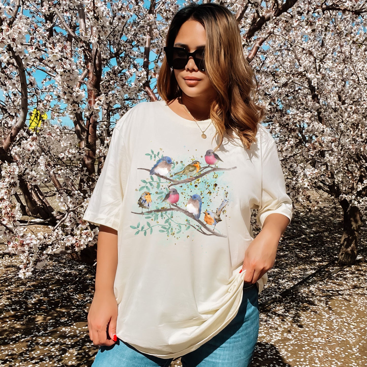 Natural color bird watcher shirt featuring artistic watercolor songbirds