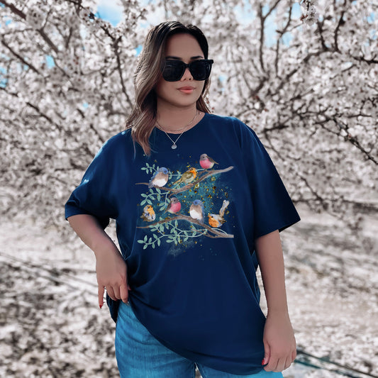 Navy blue women's bird graphic tee with watercolor wildlife design