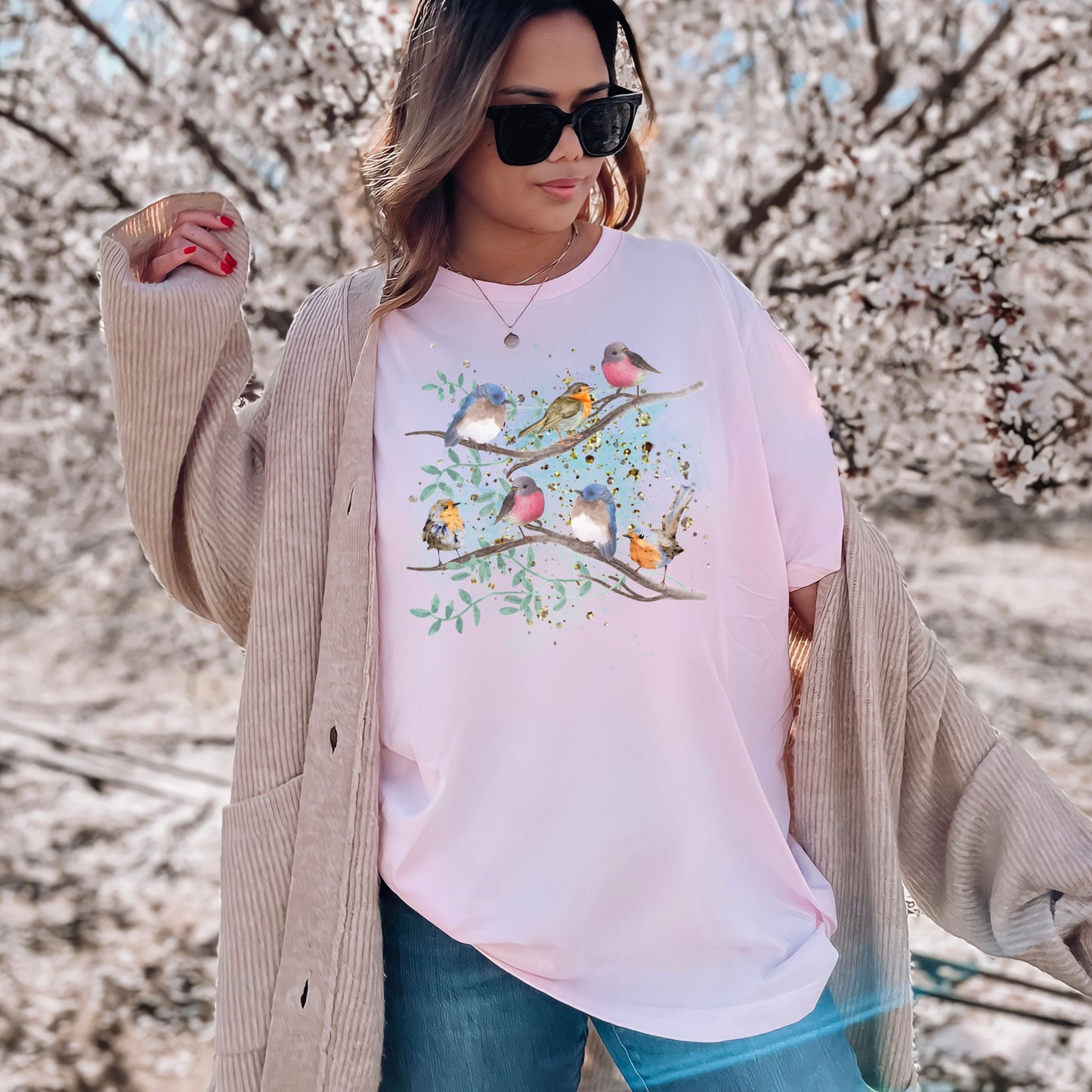 Soft pink spring bird t-shirt for nature enthusiasts and bird lovers