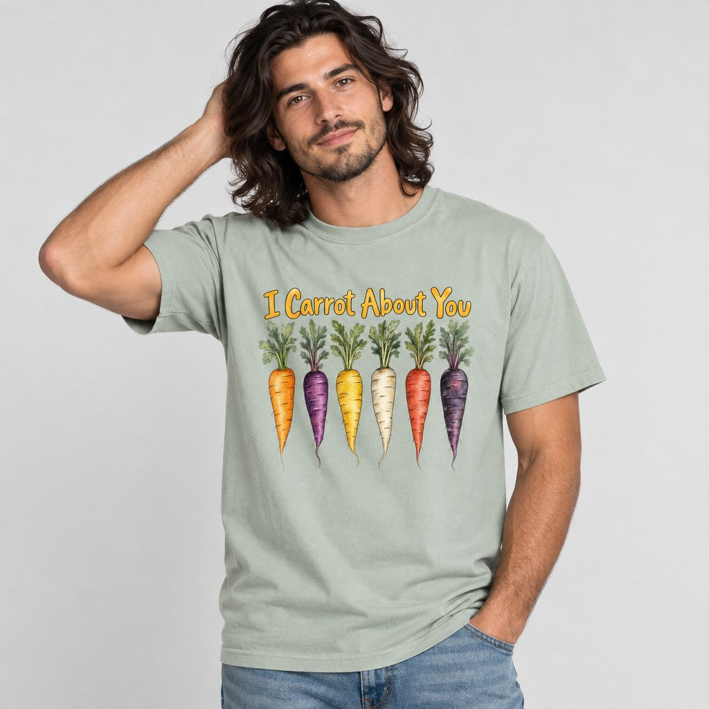 Man wearing a Comfort Colors® bay green t-shirt featuring six watercolor carrots in various vibrant colors with leafy tops, beneath playful yellow hand-lettered text reading 'I Carrot About You'; whimsical style design for garden lovers, vegetable enthusiasts, and pun fans, by Crossroads Dandelion