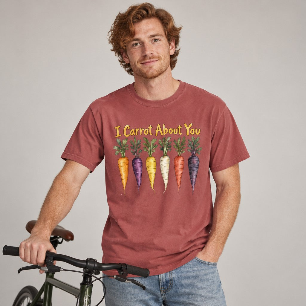 Man wearing a crimson Comfort Colors® 1717 t-shirt with a whimsical watercolor carrot design and playful 'I Carrot About You' text, perfect for gardeners, vegetable lovers, and pun enthusiasts, casual setting with bicycle, by Crossroads Dandelion