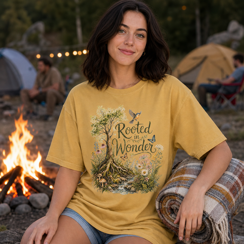 Woman wearing a mustard Comfort Colors t-shirt with a whimsical watercolor tree, wildflowers, mushrooms, butterflies, bird, and 'Rooted in Wonder' handwritten text, relaxing by a campfire at a campsite, perfect for nature lovers and outdoor enthusiasts, by Crossroads Dandelion