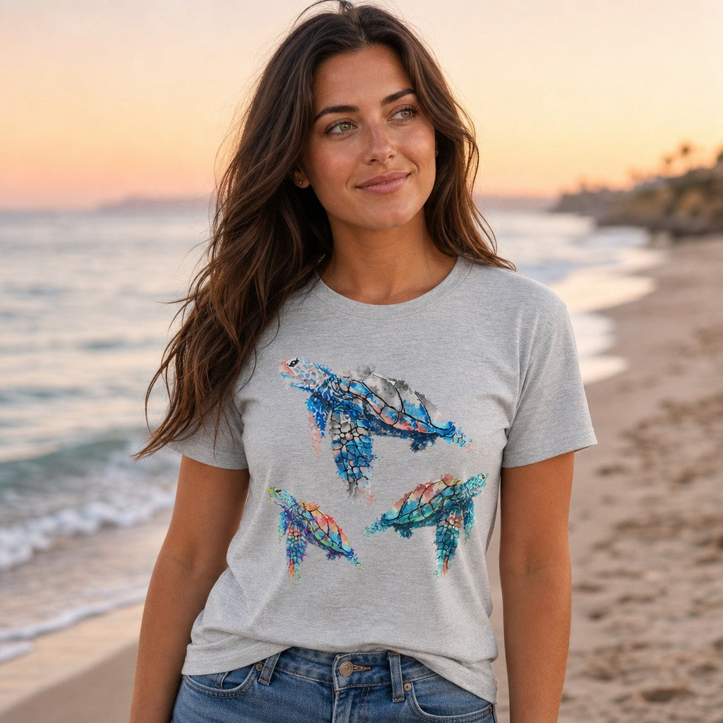 Woman wearing an athletic heather Bella Canvas 3001 t-shirt featuring a dreamy watercolor illustration of three abstract sea turtles in blue, teal, and coral tones, standing on a sandy beach at sunset, by Crossroads Dandelion