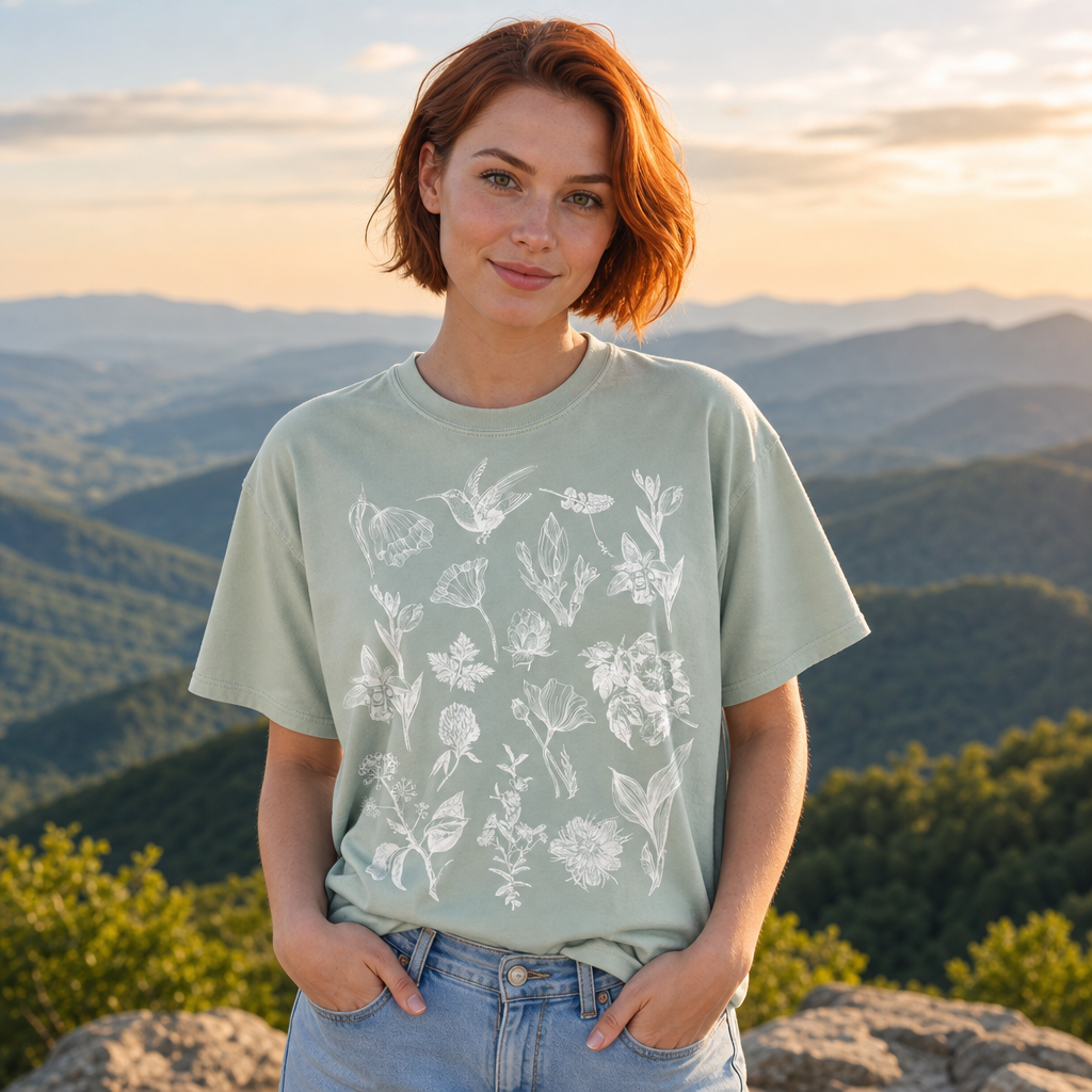 Woman wearing a bay green Comfort Colors 1717 t-shirt featuring intricate white vintage botanical and hummingbird sketches, standing outdoors with a scenic mountain sunset backdrop, by Crossroads Dandelion