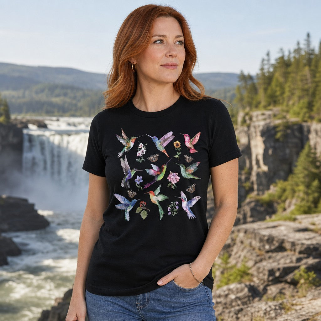 Woman wearing black Bella Canvas 3001 t-shirt with dreamy watercolor hummingbirds, wildflowers, and butterflies design, standing by a scenic waterfall and pine forest, by Crossroads Dandelion