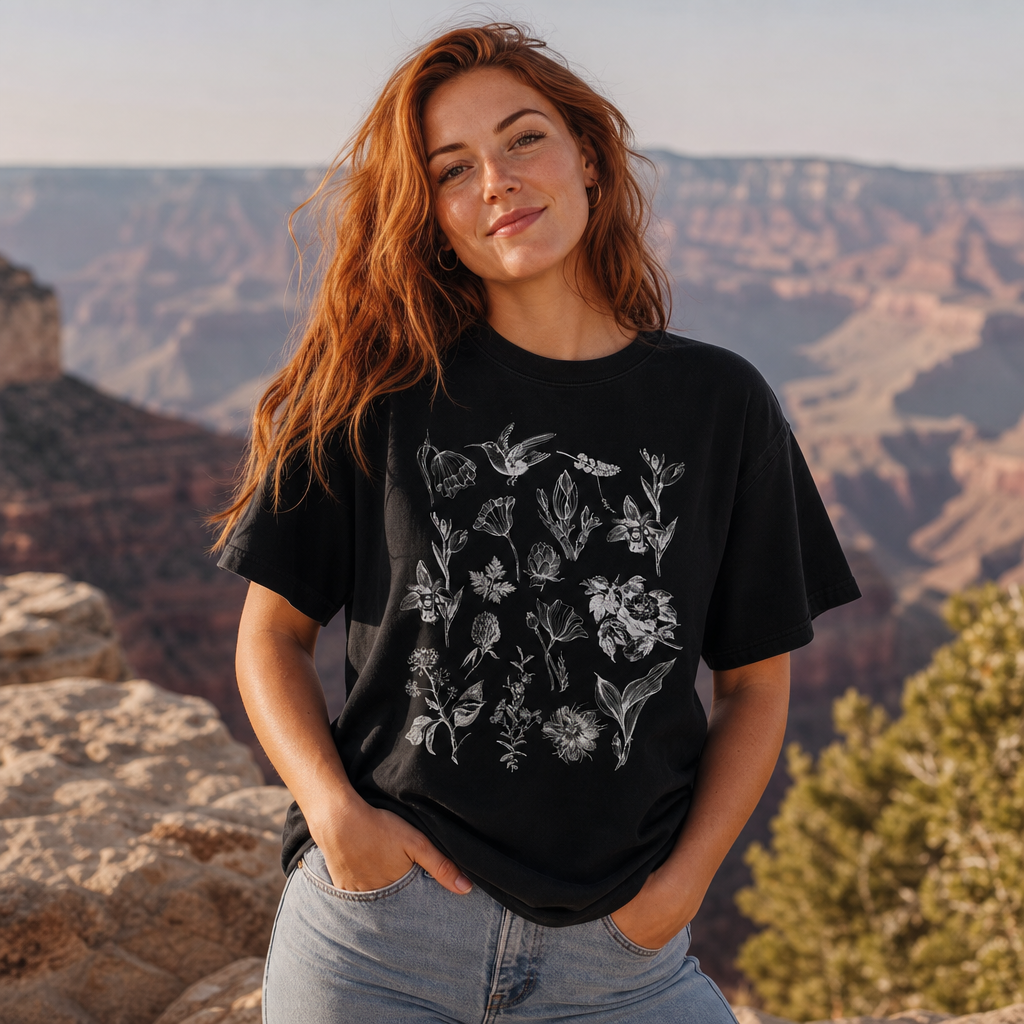 Woman wearing a black Comfort Colors 1717 t-shirt featuring intricate white vintage botanical and hummingbird sketches, standing at the Grand Canyon, by Crossroads Dandelion
