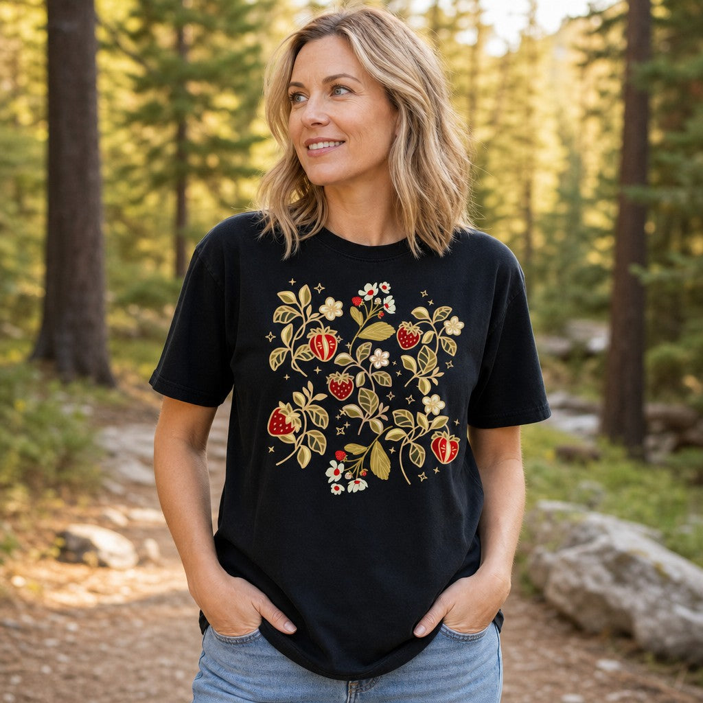 Woman wearing black Comfort Colors 1717 t-shirt with folk-art strawberry, white blossoms, and golden leaf design, standing on a forest trail, by Crossroads Dandelion