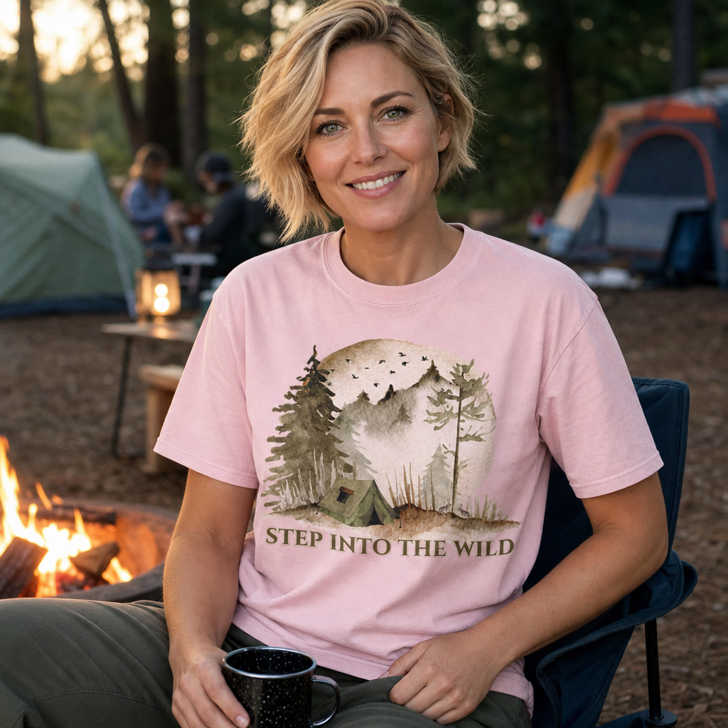 Woman seated by campfire wearing a blossom pink Comfort Colors 1717 t-shirt with a watercolor camping tent and pine tree adventure design in earthy tones, outdoor campsite background, by Crossroads Dandelion