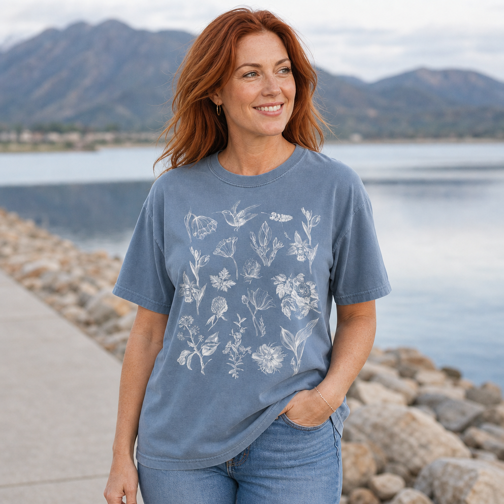 Woman wearing a blue jean Comfort Colors 1717 t-shirt with white vintage botanical and hummingbird sketches, standing by a lakeside with mountains in the background, by Crossroads Dandelion
