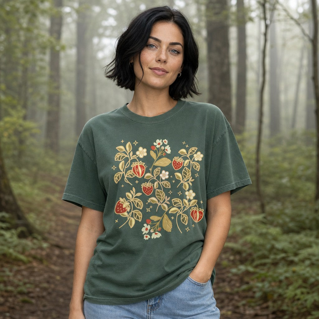 Woman wearing blue spruce Comfort Colors 1717 t-shirt with folk-art strawberries, white blossoms, and golden leaves design on a misty forest trail, by Crossroads Dandelion