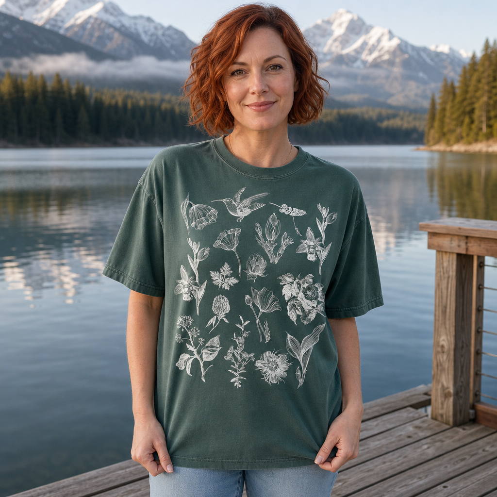 Woman wearing Comfort Colors 1717 blue spruce t-shirt with white vintage botanical and hummingbird sketches on a lakeside mountain dock, by Crossroads Dandelion