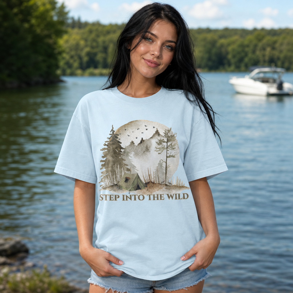 Woman wearing chambray Comfort Colors 1717 t-shirt featuring a watercolor camping tent and pine trees design with mountains and birds by a lake, perfect for outdoor adventure and nature lovers, by Crossroads Dandelion