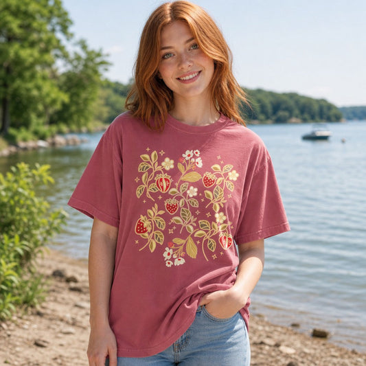 Woman wearing a crimson Comfort Colors 1717 t-shirt featuring a folk-art style strawberry and floral design, standing by a scenic lakefront, by Crossroads Dandelion