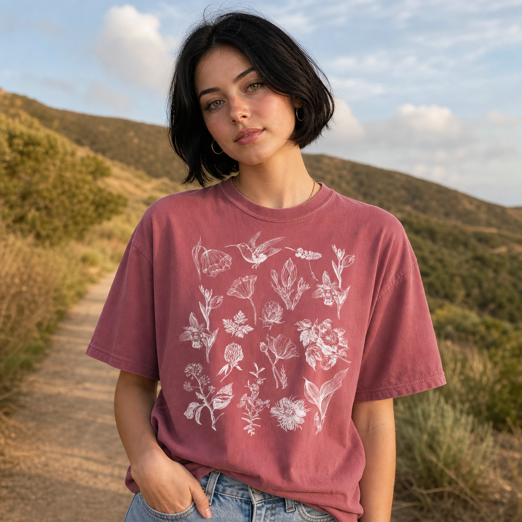 Woman wearing crimson Comfort Colors 1717 t-shirt with white vintage botanical and hummingbird sketches, standing on a nature trail with hills in the background, by Crossroads Dandelion