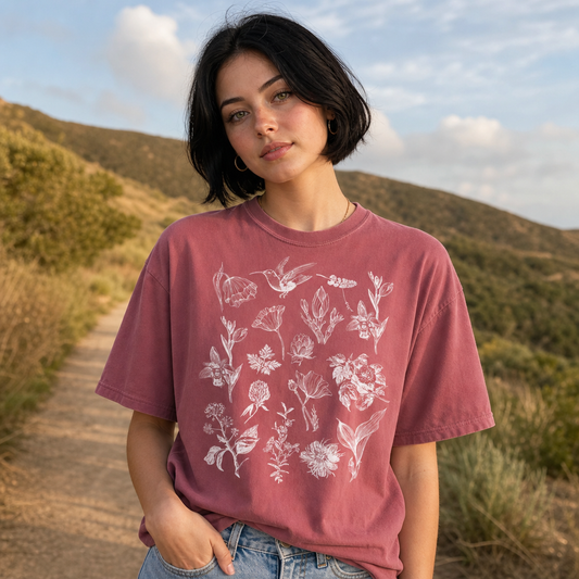 Woman wearing crimson Comfort Colors 1717 t-shirt with white vintage botanical and hummingbird sketches, standing on a nature trail with hills in the background, by Crossroads Dandelion