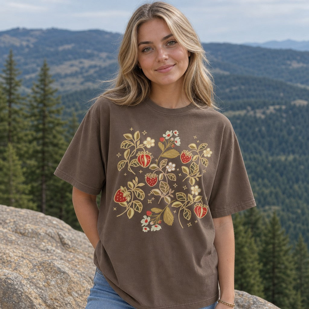 Woman wearing an espresso Comfort Colors 1717 t-shirt featuring folk-art strawberries, white blossoms, and gold leaves, standing outdoors in a scenic mountain setting, by Crossroads Dandelion