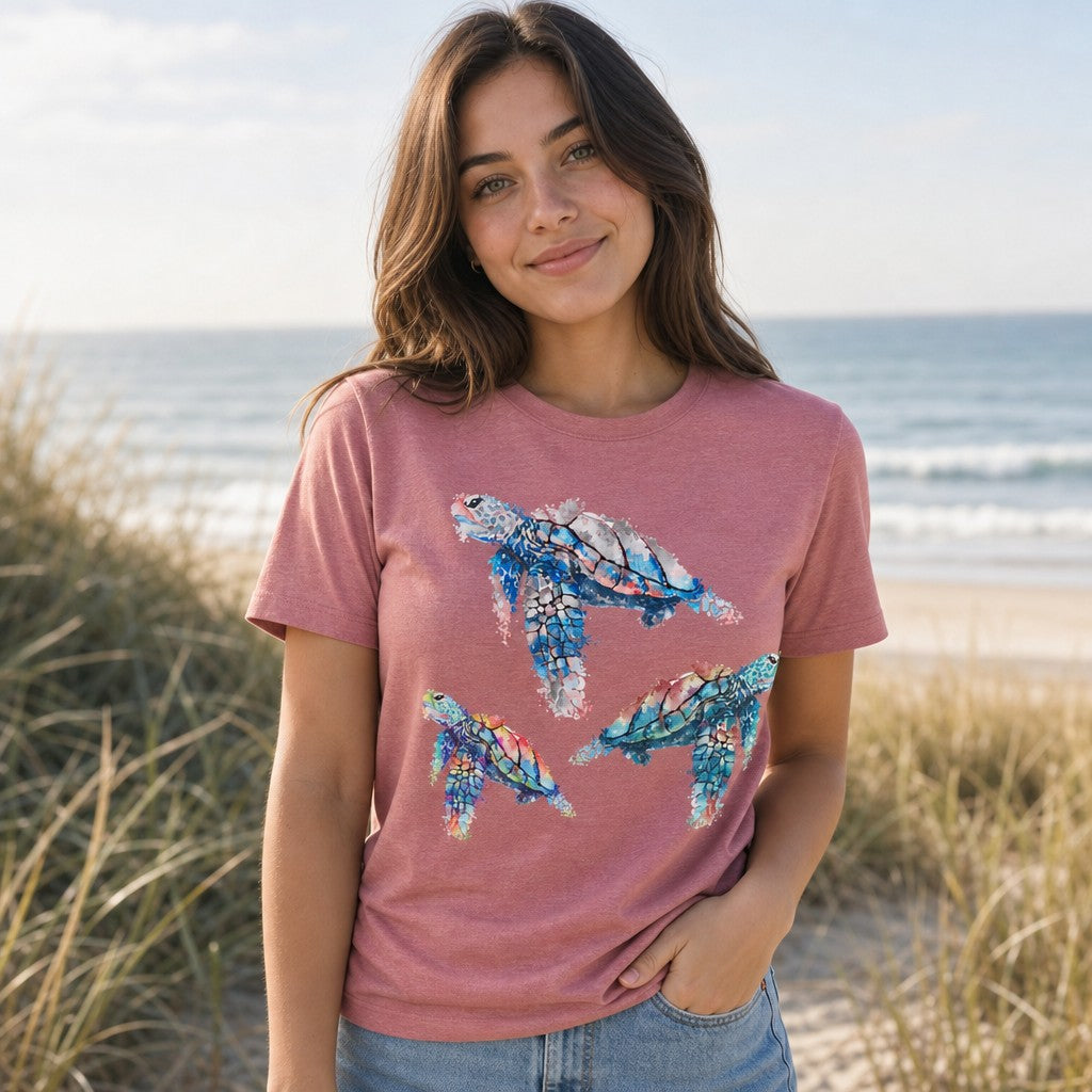 Woman wearing heather mauve Bella Canvas 3001 t-shirt featuring a dreamy watercolor illustration of three abstract sea turtles in blue, teal, and coral hues, standing on a beach with ocean and dune grass in the background, by Crossroads Dandelion