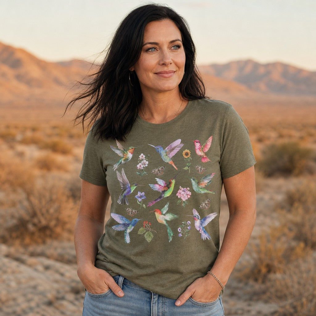Woman wearing a heather olive Bella Canvas 3001 t-shirt featuring a dreamy watercolor design of vibrant hummingbirds, wildflowers, and butterflies in a desert setting, by Crossroads Dandelion