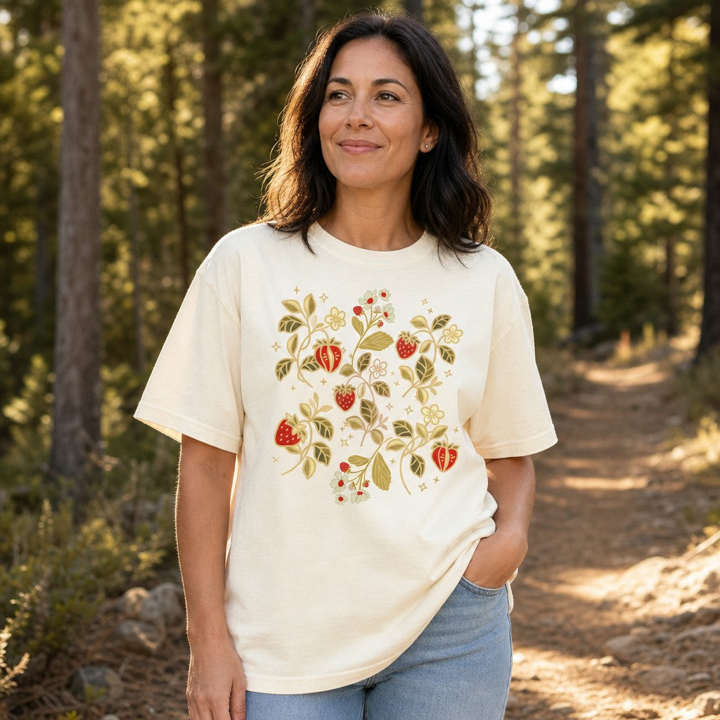 Woman wearing ivory Comfort Colors 1717 t-shirt featuring folk-art style strawberries, white blossoms, and golden leaves, walking on a forest path, by Crossroads Dandelion