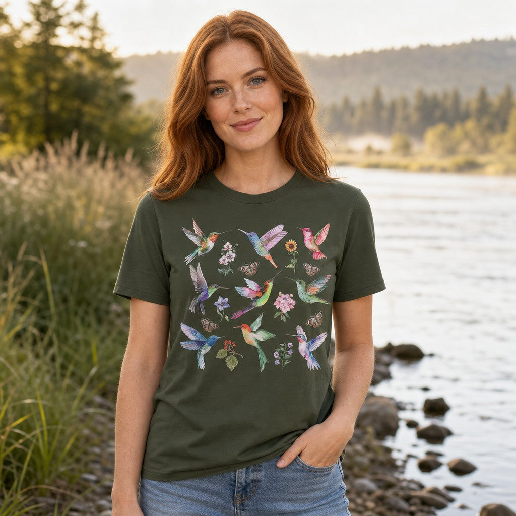 Woman wearing a military green Bella Canvas 3001 t-shirt with dreamy watercolor hummingbirds, wildflowers, and whimsical butterflies in a lush botanical design by a riverside, by Crossroads Dandelion