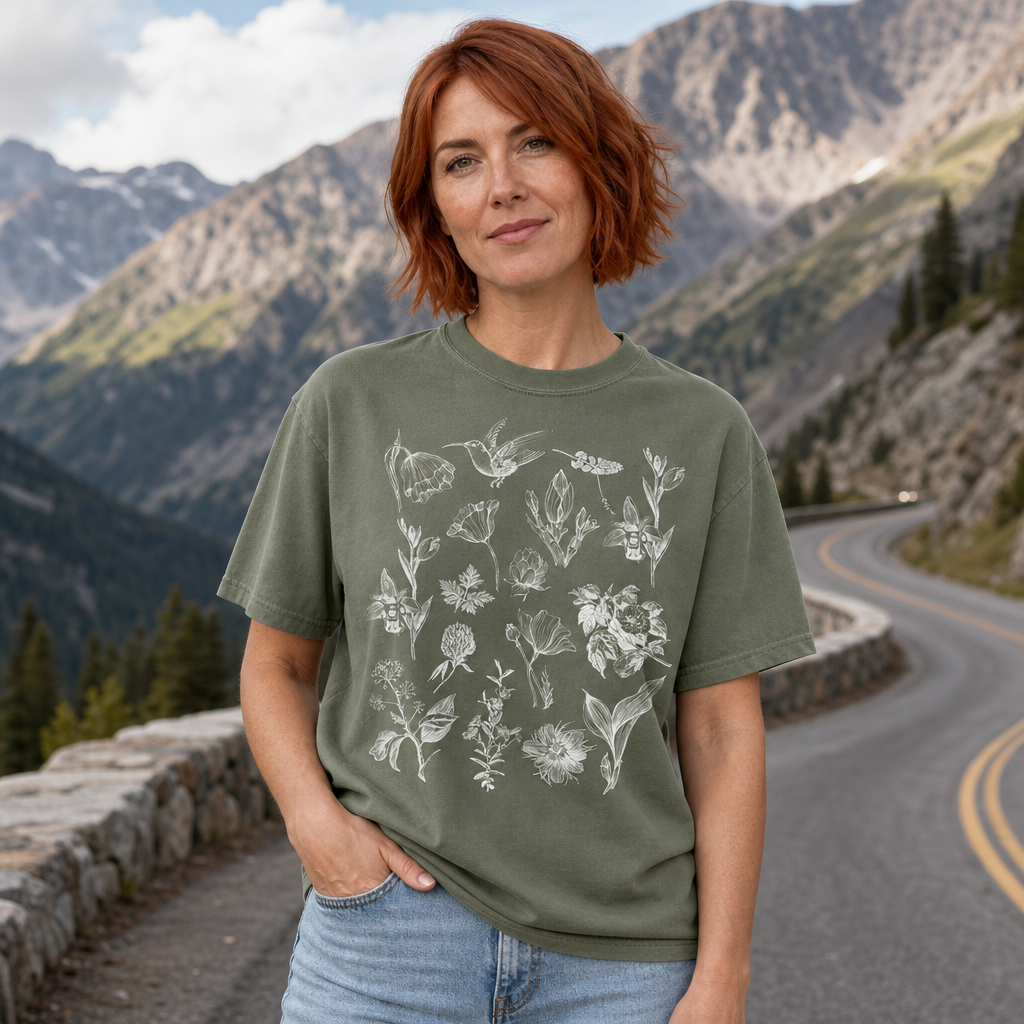 Woman wearing moss green Comfort Colors 1717 t-shirt with hand-drawn white vintage botanical and hummingbird sketch design, standing on a scenic mountain road, by Crossroads Dandelion